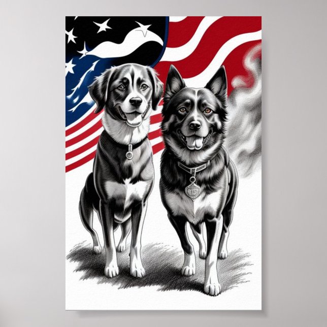 Patriotisk Två Hund Flagga Konst  Poster ("Patriotic Pickup for Dog Lover's")