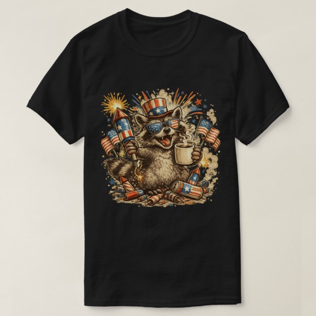 Patriotisk Tvättbjörn Kaffe Fyrverkerier 4:e Juli  T Shirt (Design framsida)