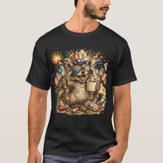 Patriotisk Tvättbjörn Kaffe Fyrverkerier 4:e Juli T Shirt