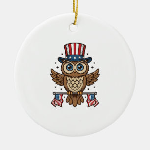 Patriotisk Uggla Vintage Gravyr Grafik_1 Julgransprydnad Keramik