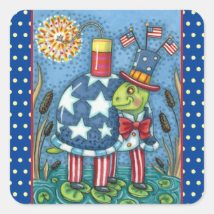 PATRIOTISK UNKLE SAM TURTLE, FUNNY FIRECRACKER Cut Fyrkantigt Klistermärke