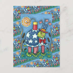 PATRIOTISK UNKLE SAM TURTLE, FUNNY FIRECRACKER Cut Helg Vykort