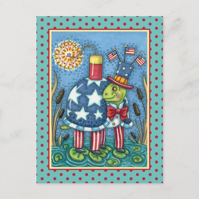 PATRIOTISK UNKLE SAM TURTLE, FUNNY FIRECRACKER Cut Helg Vykort (Framsida)