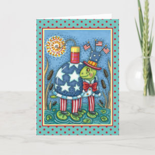 PATRIOTISK UNKLE SAM TURTLE, FUNNY FIRECRACKER Cut Helgkort