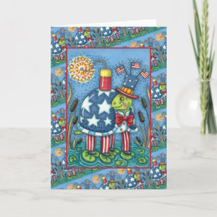 PATRIOTISK UNKLE SAM TURTLE, FUNNY FIRECRACKER Cut Helgkort