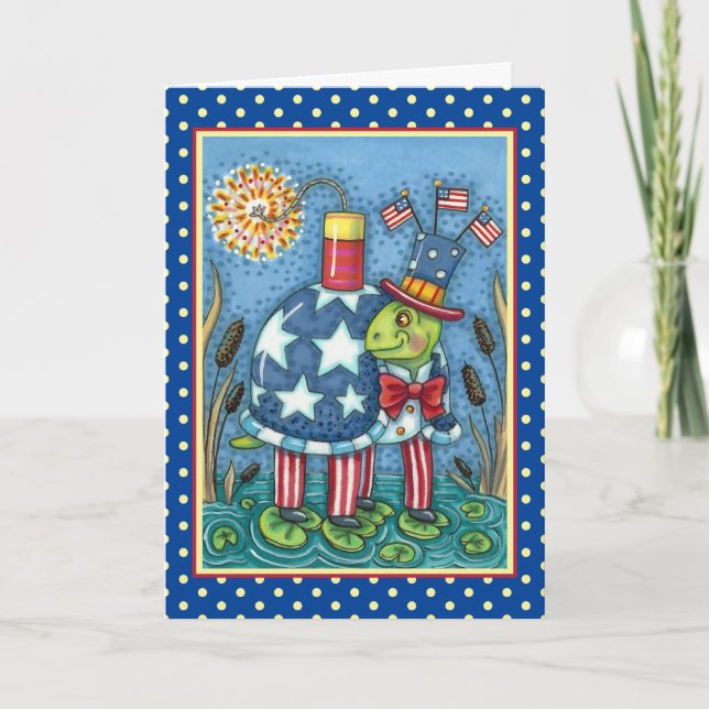 PATRIOTISK UNKLE SAM TURTLE, FUNNY FIRECRACKER Cut Helgkort (Framsida)