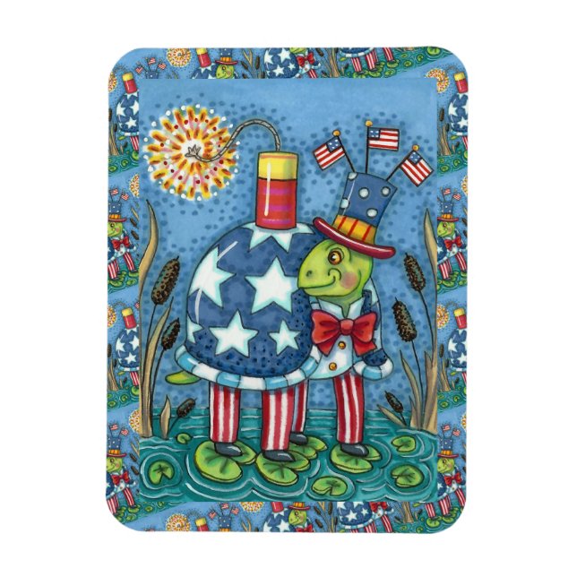 PATRIOTISK UNKLE SAM TURTLE, FUNNY FIRECRACKER Cut Magnet (Vertikal)