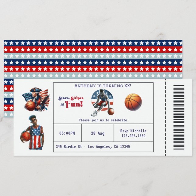 Patriotisk USA-basketbiljett födelsedagsfest Inbjudningar (Fram/baksida)