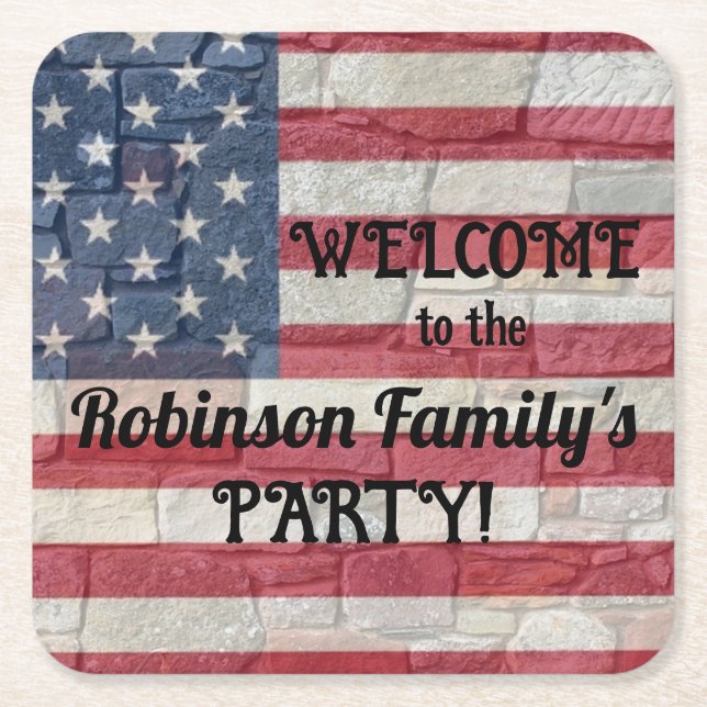 Patriotisk USA flagga om stenväggsmoment Underlägg Papper Kvadrat (Framsidan)