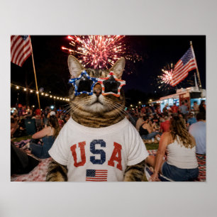 Patriotisk USA-katt i stjärnformade solglasögon 4 Poster