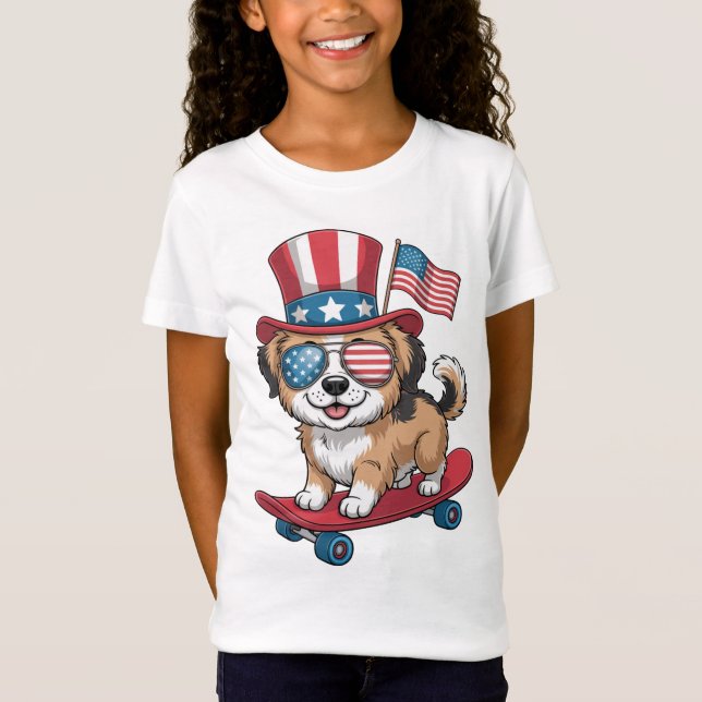Patriotisk Valp på Skateboard T Shirt (Framsida)