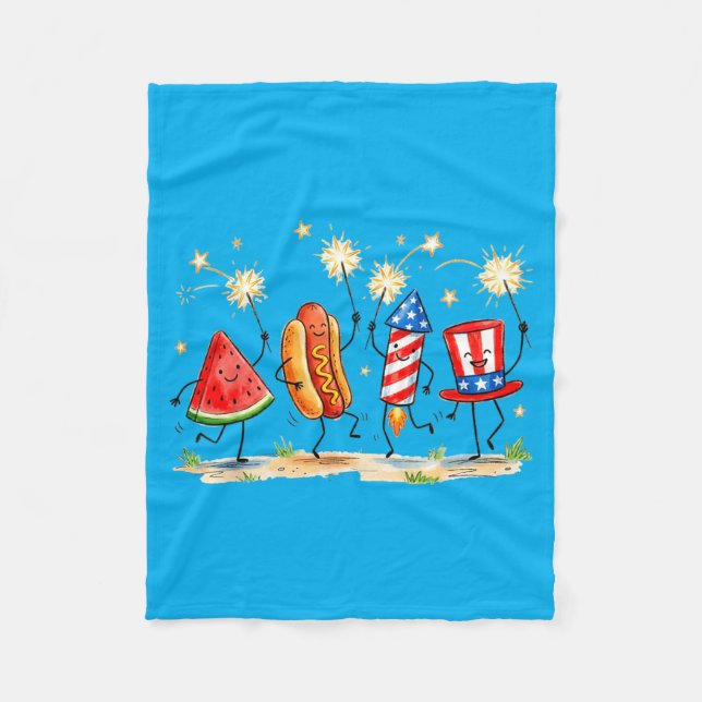Patriotisk Vattenmelon Hotdog Fyrverkeri Sött Meme Fleecefilt (Framsidan)