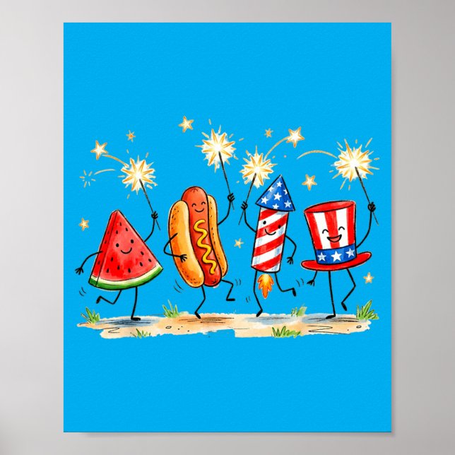 Patriotisk Vattenmelon Hotdog Fyrverkeri Sött Meme Poster (Framsidan)