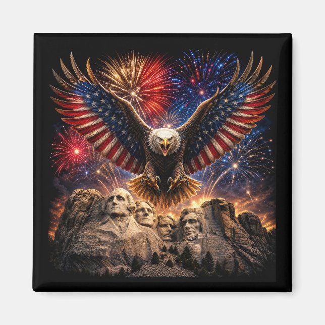 Patriotisk Vitörnad Örn Mount Rushmore Fyrverkerie Magnet (Framsidan)