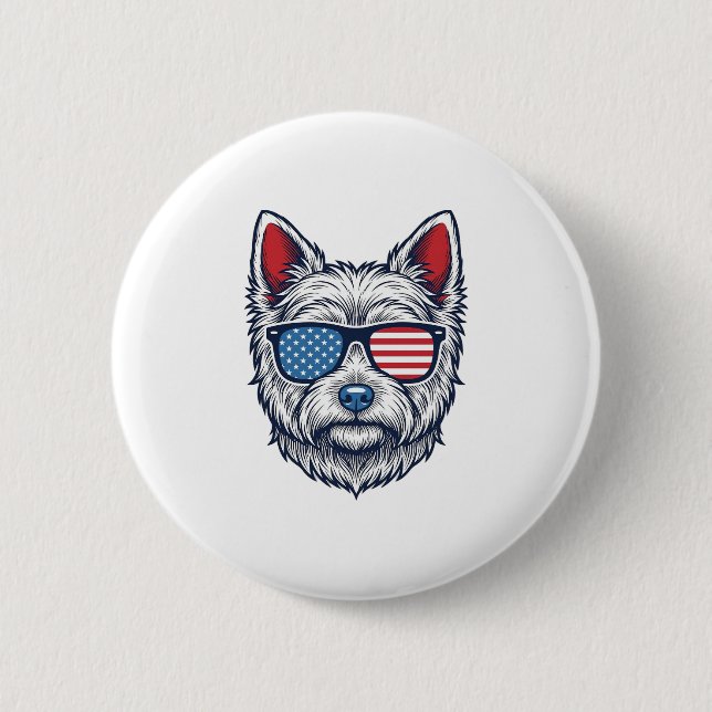 Patriotisk Westie-hund solglasögon Vintage Vector  Knapp (Framsida)