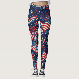 Patriotiska 4 juli USA Flagga & Fyrverkeri Legging