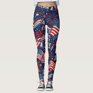 Patriotiska 4 juli USA Flagga & Fyrverkeri Legging