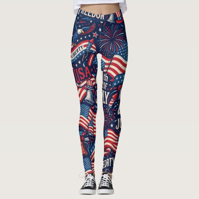 Patriotiska 4 juli USA Flagga & Fyrverkeri Legging (Framsida)
