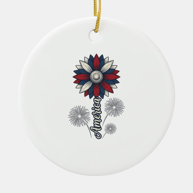 Patriotiska Amerika Blomma Fyrverkerier Vector Des Julgransprydnad Keramik (Framsidan)