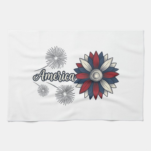 Patriotiska Amerika Blomma Fyrverkerier Vector Des Kökshandduk (Horisontell)