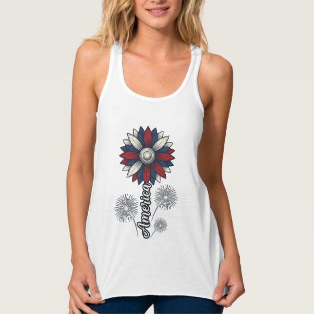 Patriotiska Amerika Blomma Fyrverkerier Vector Des Linne Med Racerback (Framsida)