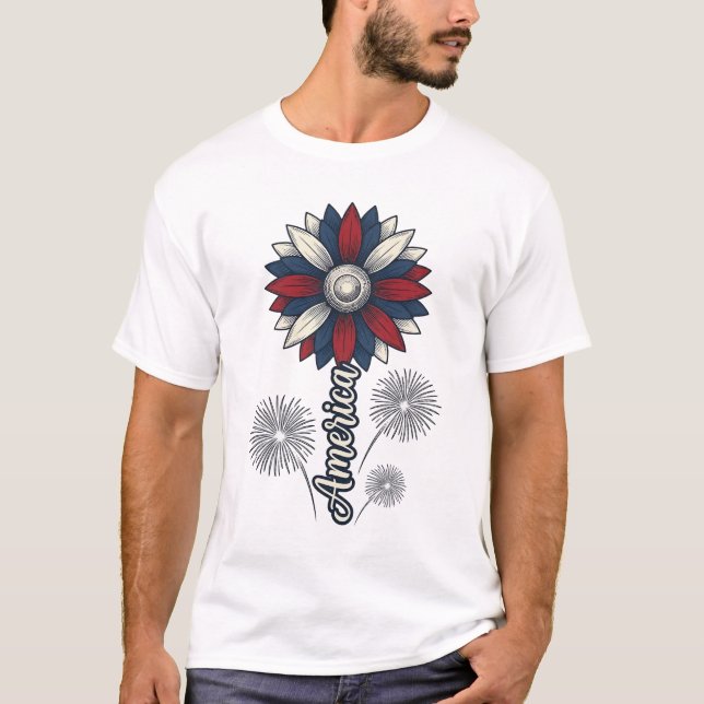Patriotiska Amerika Blomma Fyrverkerier Vector Des T Shirt (Framsida)