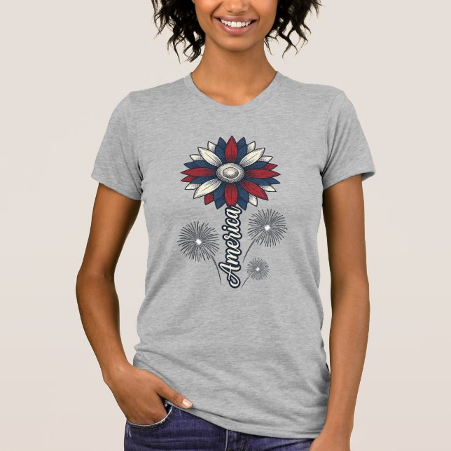 Patriotiska Amerika Blomma Fyrverkerier Vector Des T Shirt (Framsida)