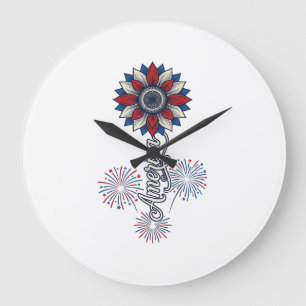Patriotiska Amerika Blomma Fyrverkerier Vintage De Stor Klocka