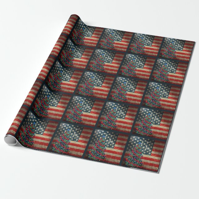 Patriotiska amerikanska Flagga och Julgran Presentpapper (Utrullad)