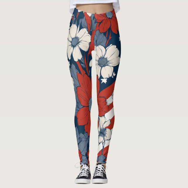 Patriotiska blomstermönstrade Leggings för 4:e jul (Framsida)
