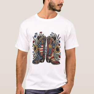Patriotiska Cowboy Stövlar Solros Blommig Skjorta T Shirt