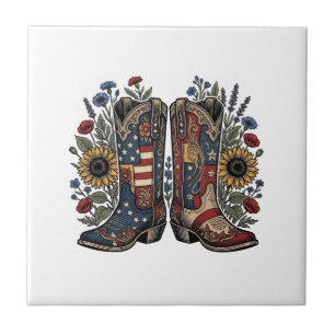 Patriotiska Cowboy Stövlar Solros Blommig Tröja De Kakelplatta