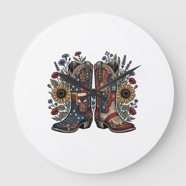 Patriotiska Cowboy Stövlar Solros Blommig Tröja De Stor Klocka (Framsida)