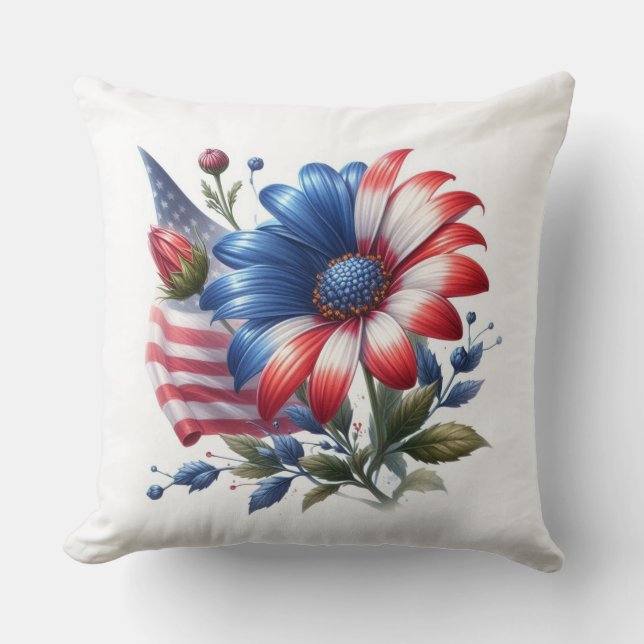 Patriotiska Daisy och amerikanska Flagga Kudde (Framsida)