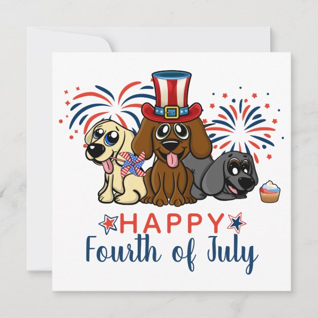 Patriotiska fjärde juli hundar fyrverkerier söta julkort (Framsida)