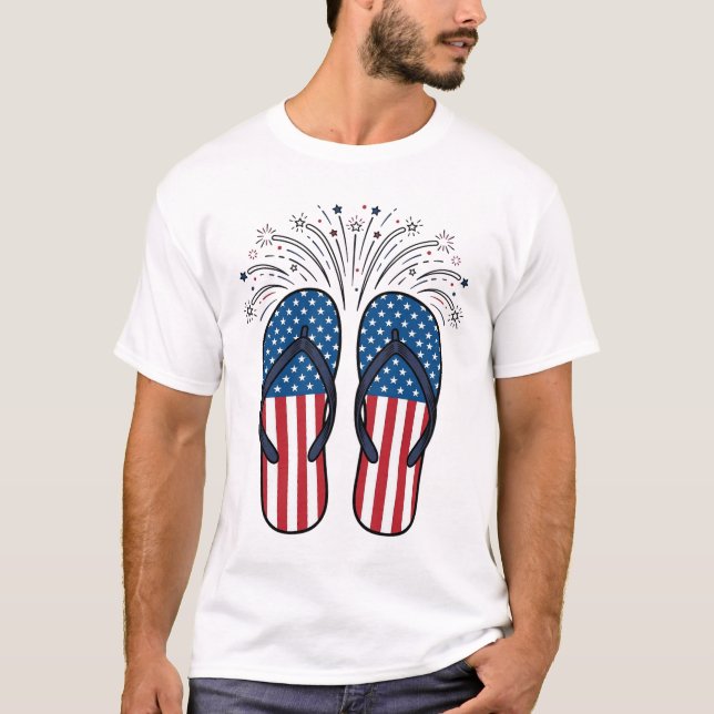 Patriotiska flip flops fyrverkerier sommar t-shirt (Framsida)
