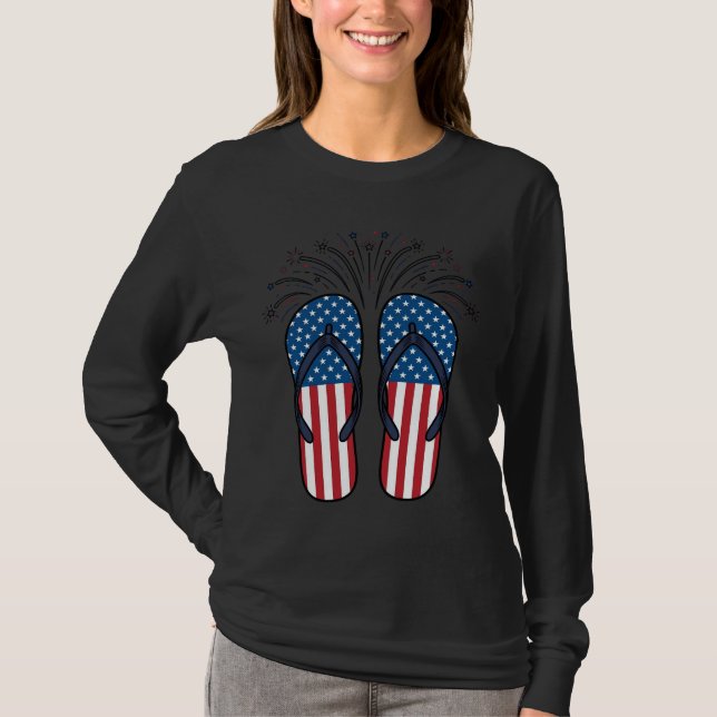 Patriotiska flip-flops fyrverkerier sommar t-shirt (Framsida)