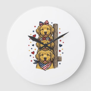 Patriotiska Golden Retriever-valpar Vintage T-Shir Stor Klocka