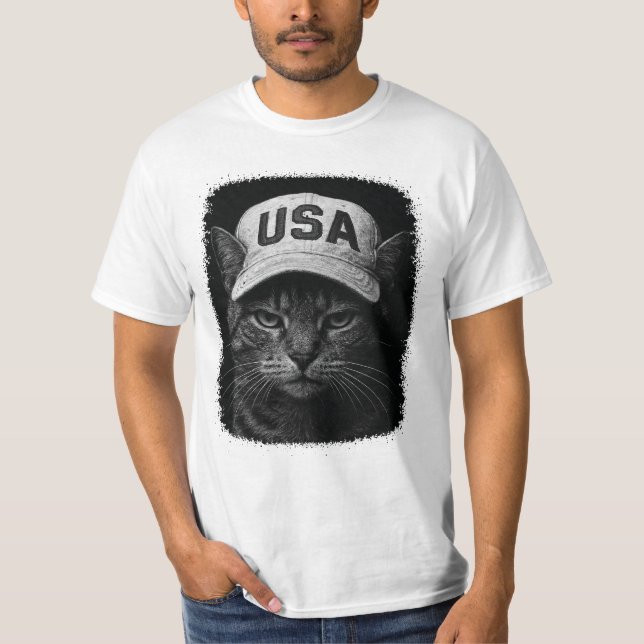 Patriotiska Grumpy Cat – USA-hatt svart & vit T Shirt (Framsida)