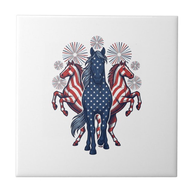 Patriotiska Hästar Vintage Fyrverkerier Vector Des Kakelplatta (Framsidan)
