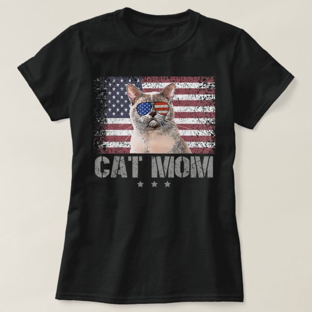 Patriotiska katter Mamma med solglasögon USA ameri T Shirt (Design framsida)