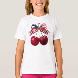 Patriotiska körsbär med USA flagga Ribbon Sommar T Shirt