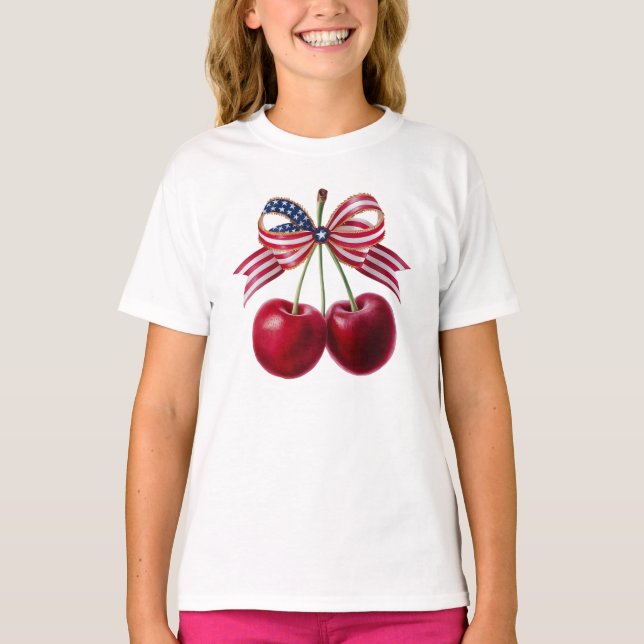 Patriotiska körsbär med USA flagga Ribbon Sommar T Shirt (Framsida)