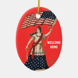 PATRIOTISKA ORNATIONER - VÄLKOME HOME TROOPS - USA JULGRANSPRYDNAD KERAMIK