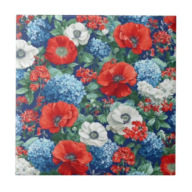 Patriotiska Röda Blå Vita Blommiga (1) Kakelplatta (Framsidan)