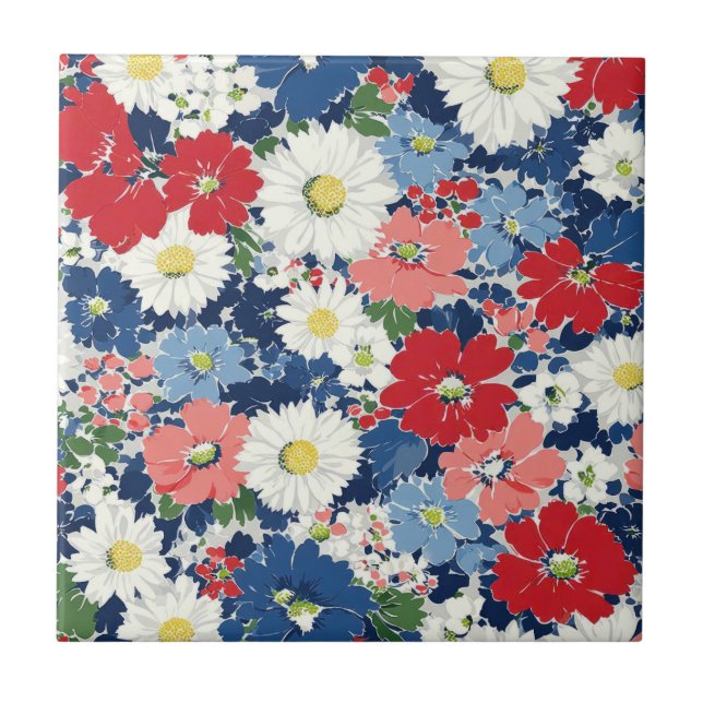 Patriotiska Röda Blå Vita Blommiga (3) Kakelplatta (Framsidan)