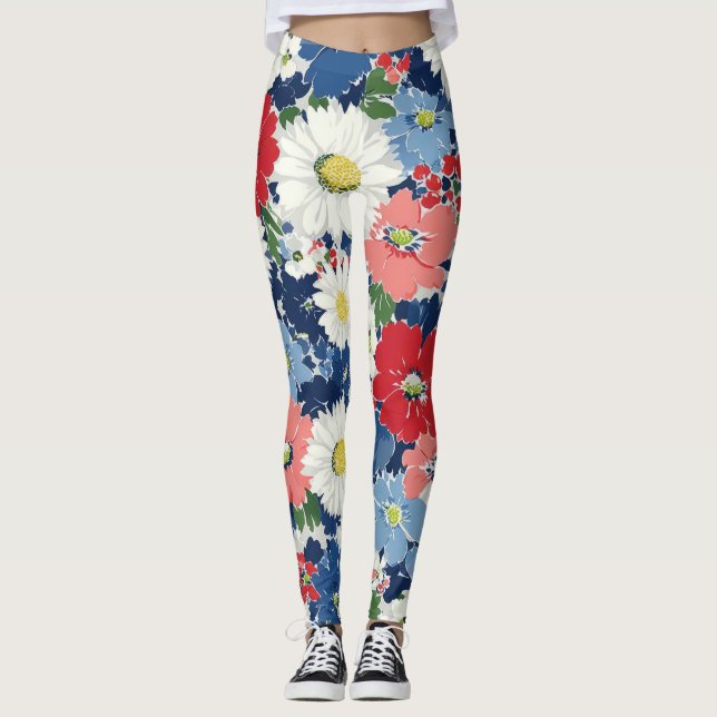 Patriotiska Röda Blå Vita Blommiga (3) Leggings (Framsida)