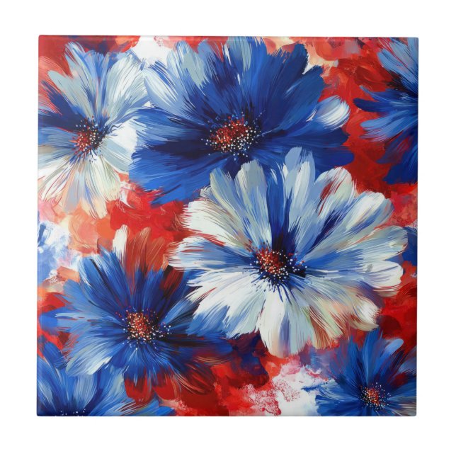 Patriotiska Röda Blå Vita Blommiga (6) Kakelplatta (Framsidan)