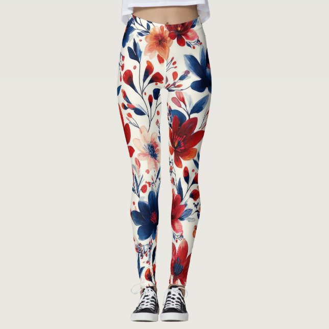 Patriotiska Röda Blå Vita Blommor (10) Leggings (Framsida)
