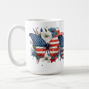PATRIOTISKA RÖDA VITA BLÅ FJÄRILAR BLOMMOR KAFFEMUGG